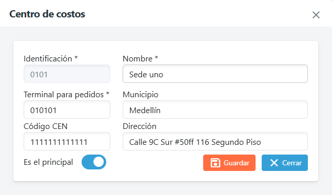 Configuración del centro de costo